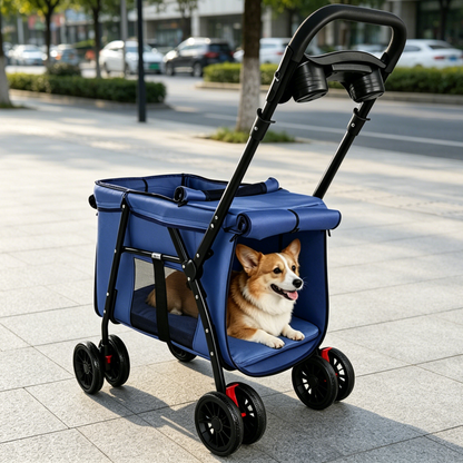 Pet Stroller, Foldable 4-Wheel Design, Breathable Mesh Dog Cat Stroller with Shockproof Wheels, Brake System, Storage Tray, 2 Fixed Safety Leashes, Large Space for Small Medium Pets, Navy Blue image 11