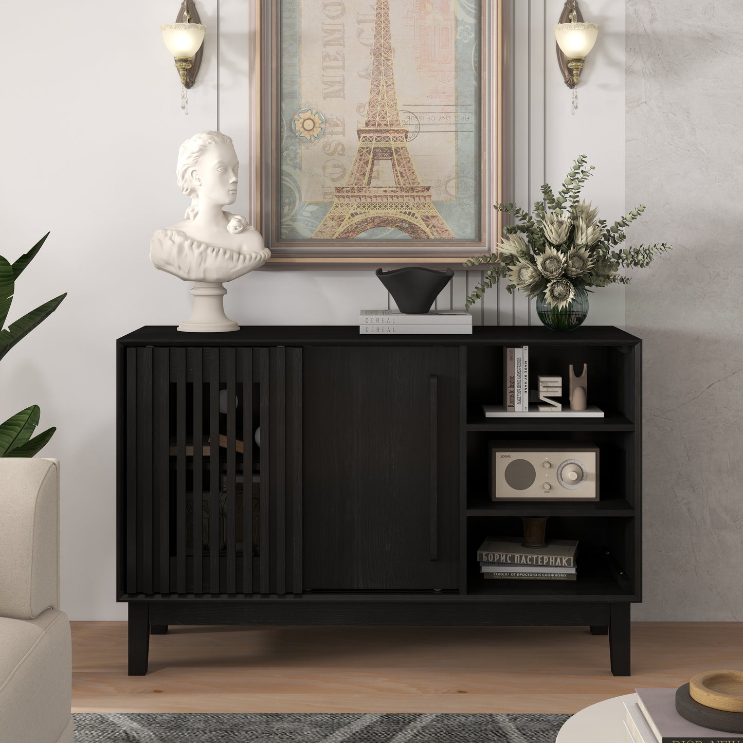 47.3" Sideboard Buffet Cabinet with Storage, Farmhouse Fluted Sideboard with 2 Doors & Solid Wood Feet, TV Media Console, Storage Cabinet for Kitchen Dining Living Room Entryway Hallway, Black image 7