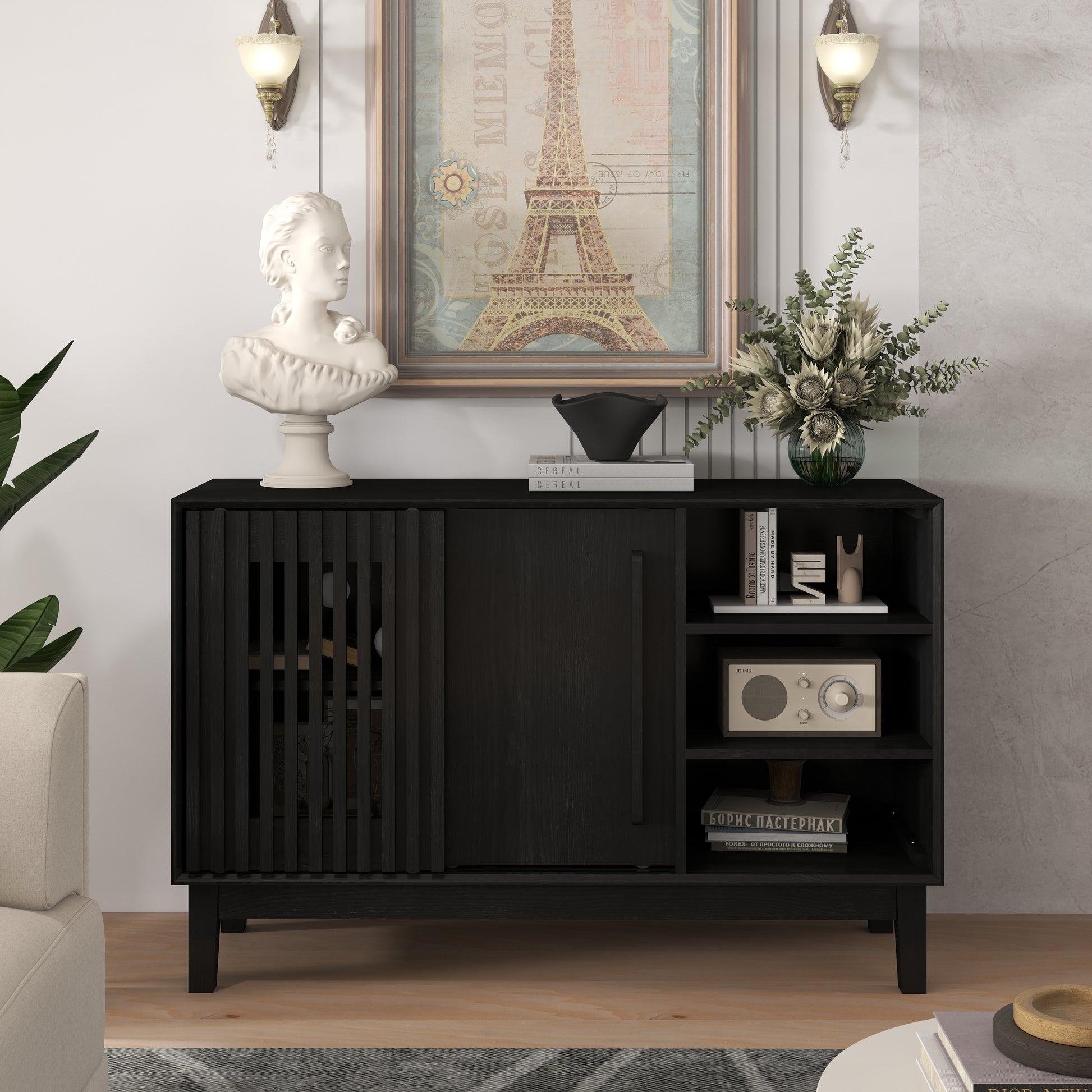 47.3" Sideboard Buffet Cabinet with Storage, Farmhouse Fluted Sideboard with 2 Doors & Solid Wood Feet, TV Media Console, Storage Cabinet for Kitchen Dining Living Room Entryway Hallway, Black image 7