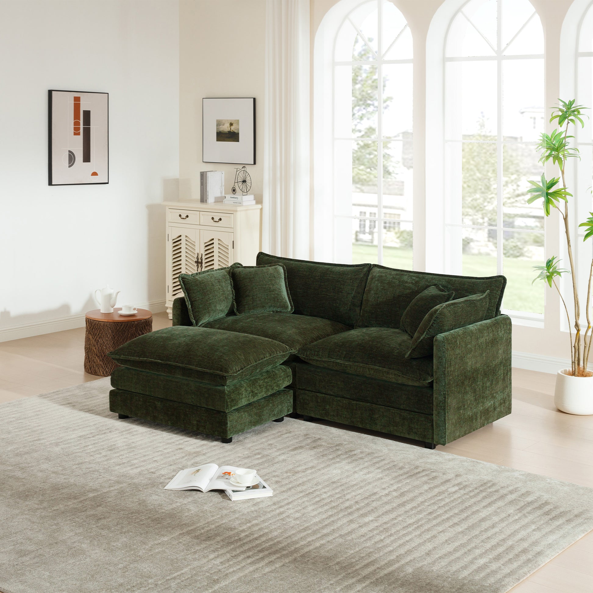 Chenille Two-Seater Sofa with 1 Footrest, 2 Seater L-Shaped Sectional with Ottoman,Loveseat with Ottoman for Small Living Space, Green Chenille image 1