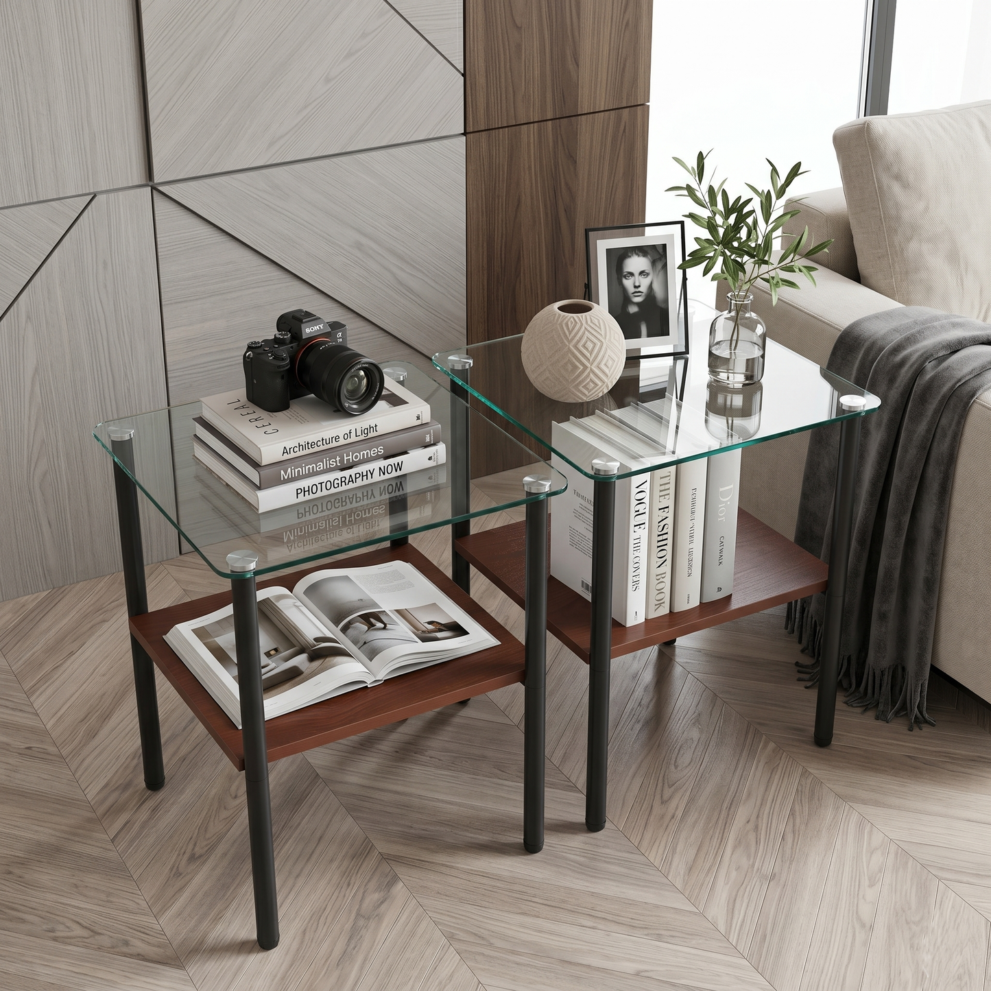 2-piece Modern Rectangular Glass Side Table, Tempered Glass Tabletop, MDF Storage Shelf & Metal Legs, Minimalist Sofa Side Table for Living Room & Bedroom image 6
