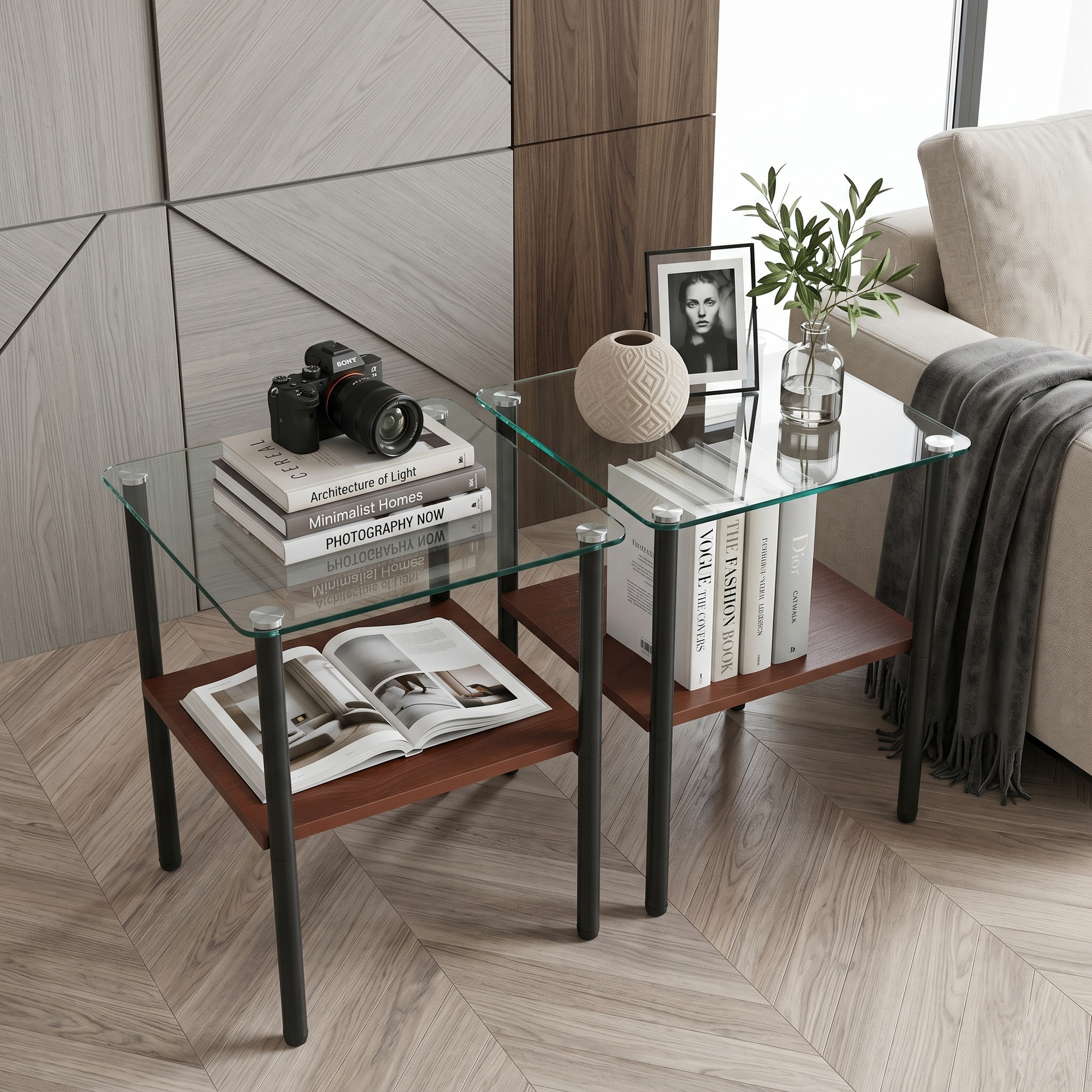 2-piece Modern Rectangular Glass Side Table, Tempered Glass Tabletop, MDF Storage Shelf & Metal Legs, Minimalist Sofa Side Table for Living Room & Bedroom image 6