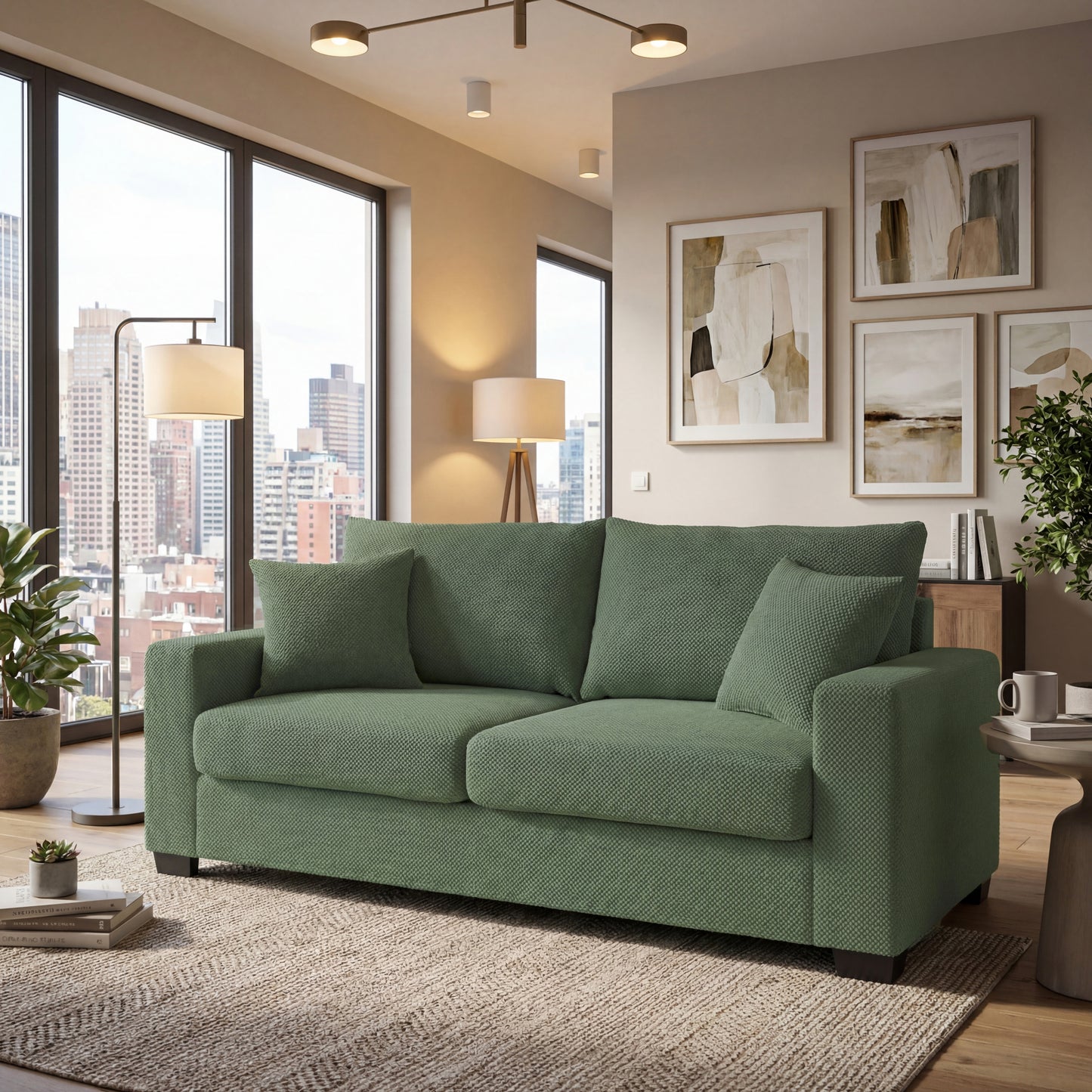 69-inch two-seater Sofa with Textured Fabric, Comfortable Upholstered Couch with 2 Throw Pillows and Sturdy Plastic Legs for Living Room, Apartment, Office, Dark Green image 1