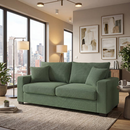 69-inch two-seater Sofa with Textured Fabric, Comfortable Upholstered Couch with 2 Throw Pillows and Sturdy Plastic Legs for Living Room, Apartment, Office, Dark Green image 1