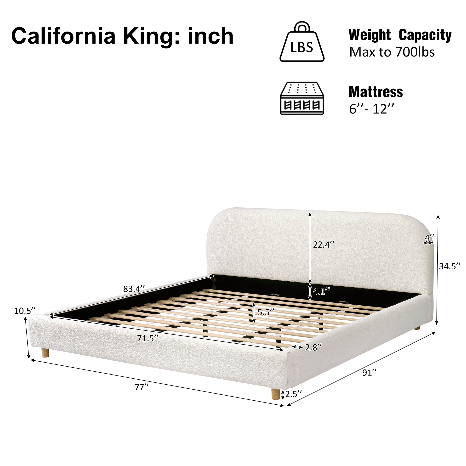 California King Size Upholstered Bed With Boucle Fabric,Curved-Shape Design Thick Headboard, Solid Wood Legs,White image 3