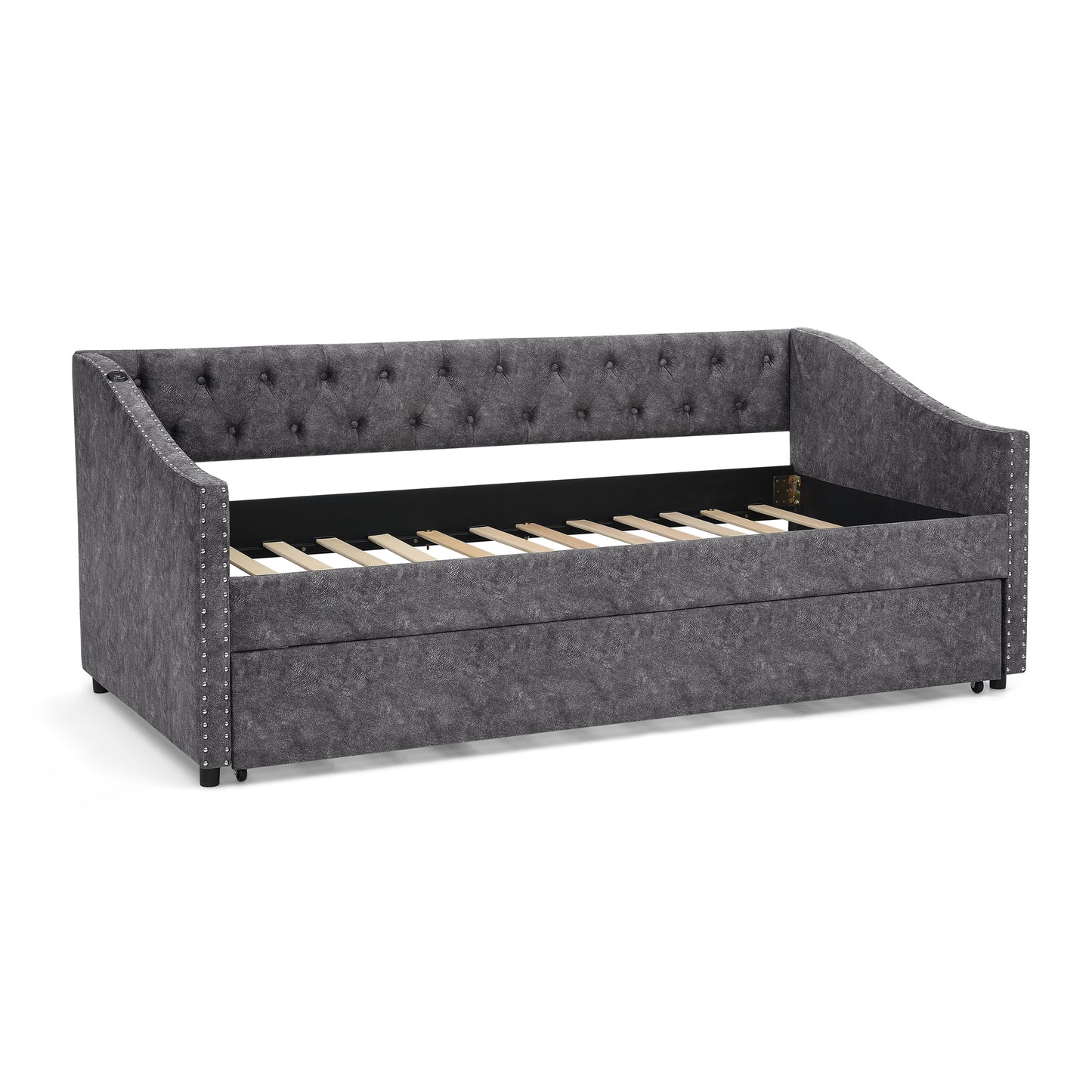 Twin Size Daybed with USB Charging & Pull-out Extendable Bed, with Button on Back and Copper Nail on Waved Shape Arms (81"x42"x30.75") image 11