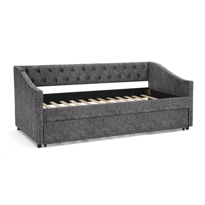 Twin Size Daybed with USB Charging & Pull-out Extendable Bed, with Button on Back and Copper Nail on Waved Shape Arms (81"x42"x30.75") image 11