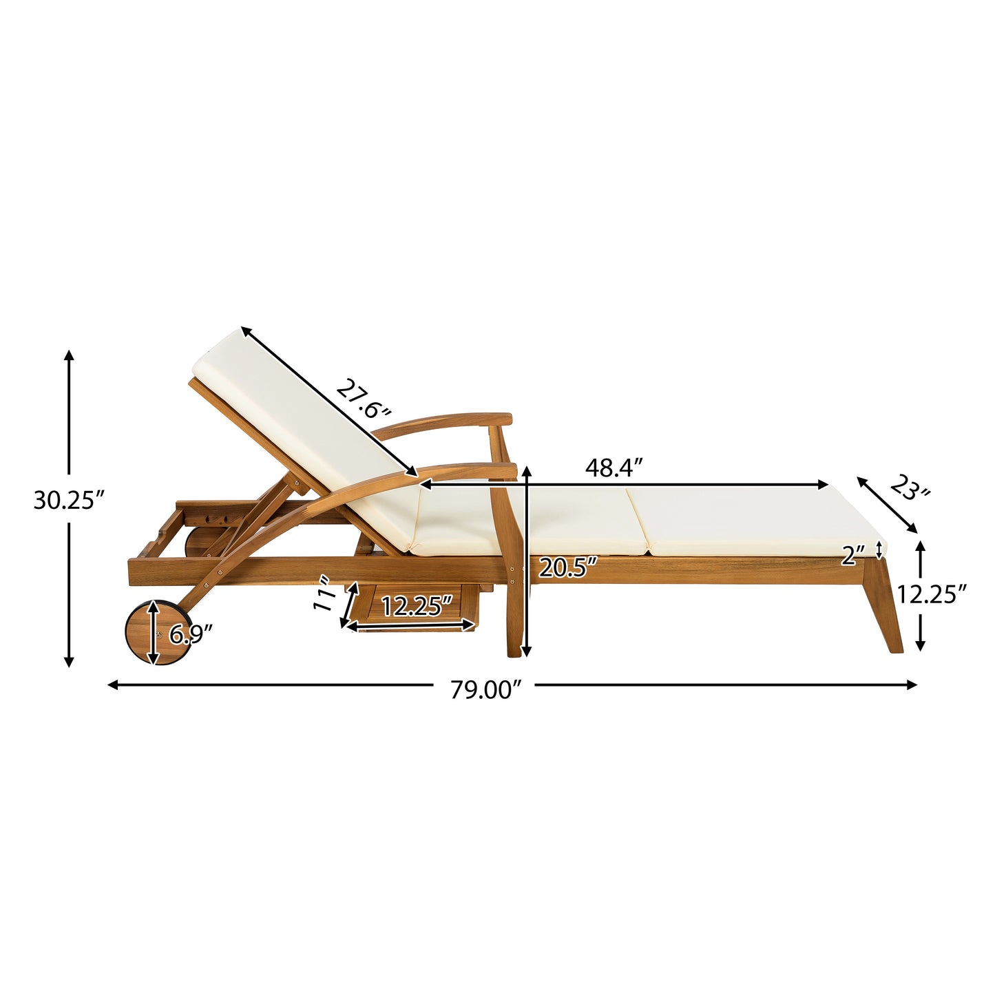 OUTDOOR RECLINER SIDE TABLE SET - COMES WITH 2 INCH CUSHION AND ADJUSTABLE BACKREST CHAISE LOUNGE WITH WHEEL & FOLDABLE AND ADJUSTABLE ACACIA WOOD SIDE TABLE FOR POOLSIDE PORCH image 3