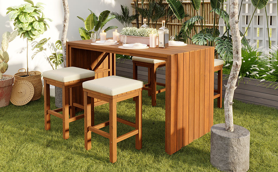 5 Piece Outdoor Bar Set, Patio Acacia Wood Bar Height Table & Four Stools with Cushions, Wood Dining Bar Set for Backyard, Poolside, Balcony, Beige Cushion and Natural Wood image 8