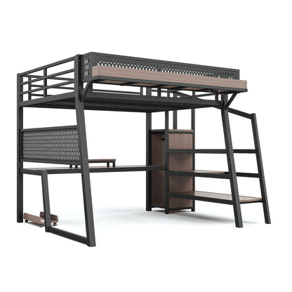 Full Loft Bed with Storage Stairs, Shelves gaming loft bed with Pegboard and Built-in Wardrobe, Metal Loft Bed Frame with USB Ports and LED Lights, Noise-reduced Design, Black image 10