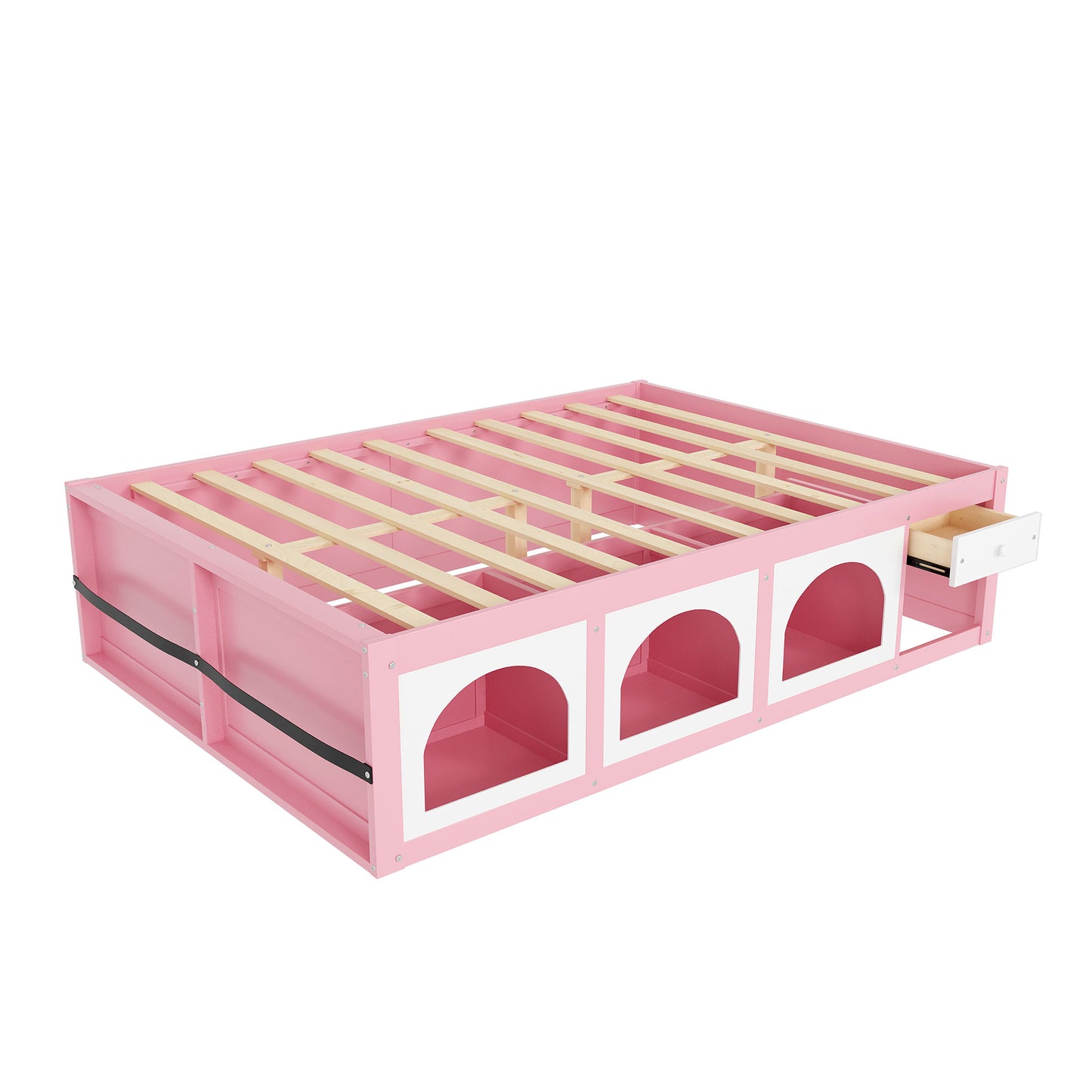 Queen Size Wooden Platform Bed with Bookshelf, Display Cabinet, LED Light and Drawer, Pink+White image 8