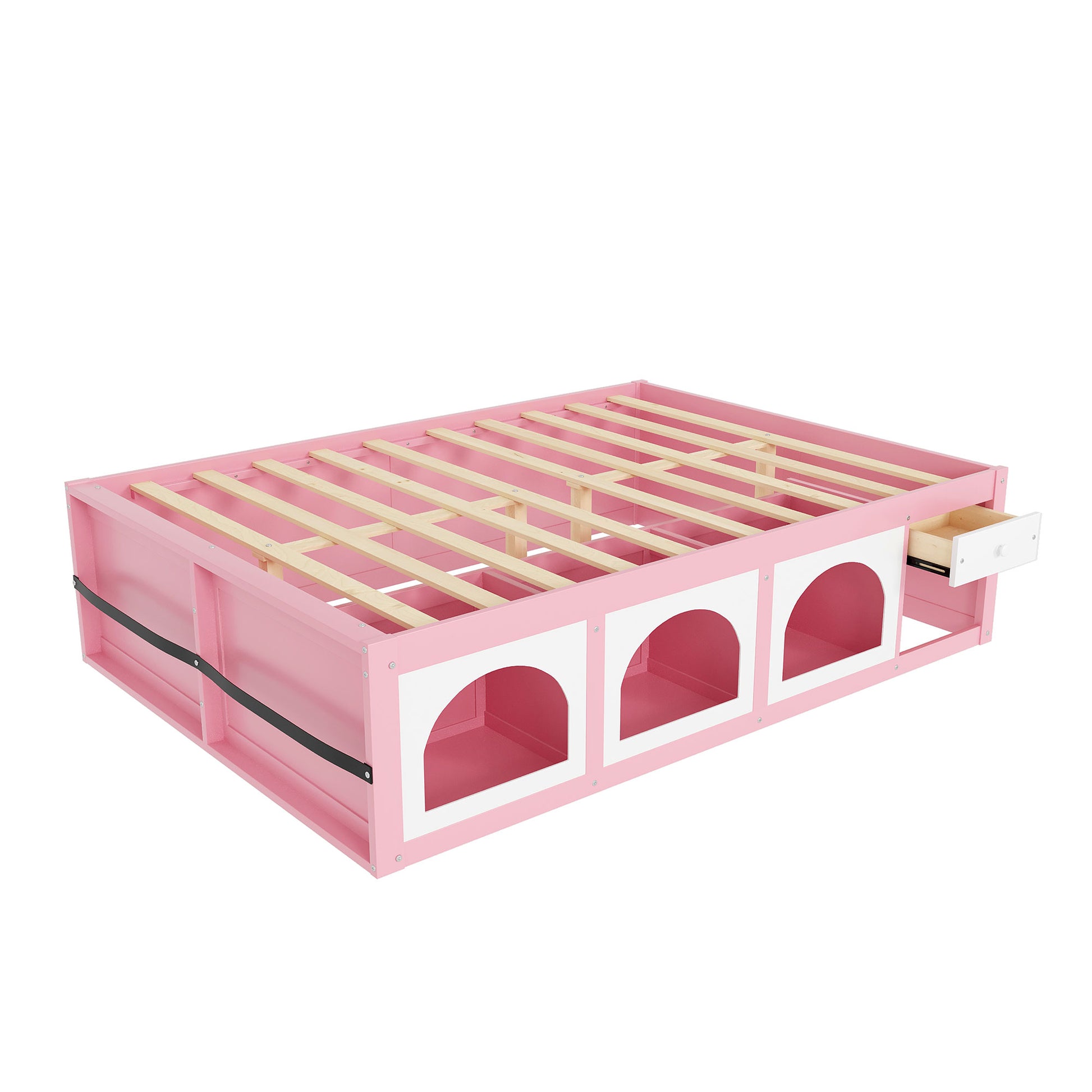 Queen Size Wooden Platform Bed with Bookshelf, Display Cabinet, LED Light and Drawer, Pink+White image 8