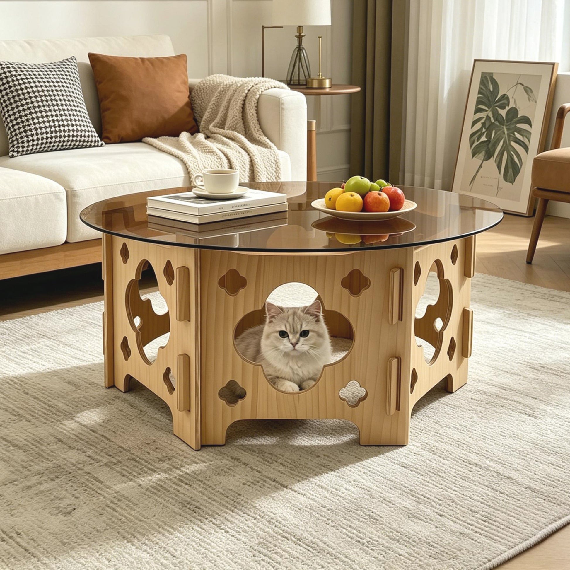 31.1'' Round Tempered Glass Coffee Table, Caramel Tabletop with Floral Hollow Wood Base, Farmhouse Center Tea Table for for Living Room, Small Spaces, Office, Easy Assembly. Natural+Caramel. image 3
