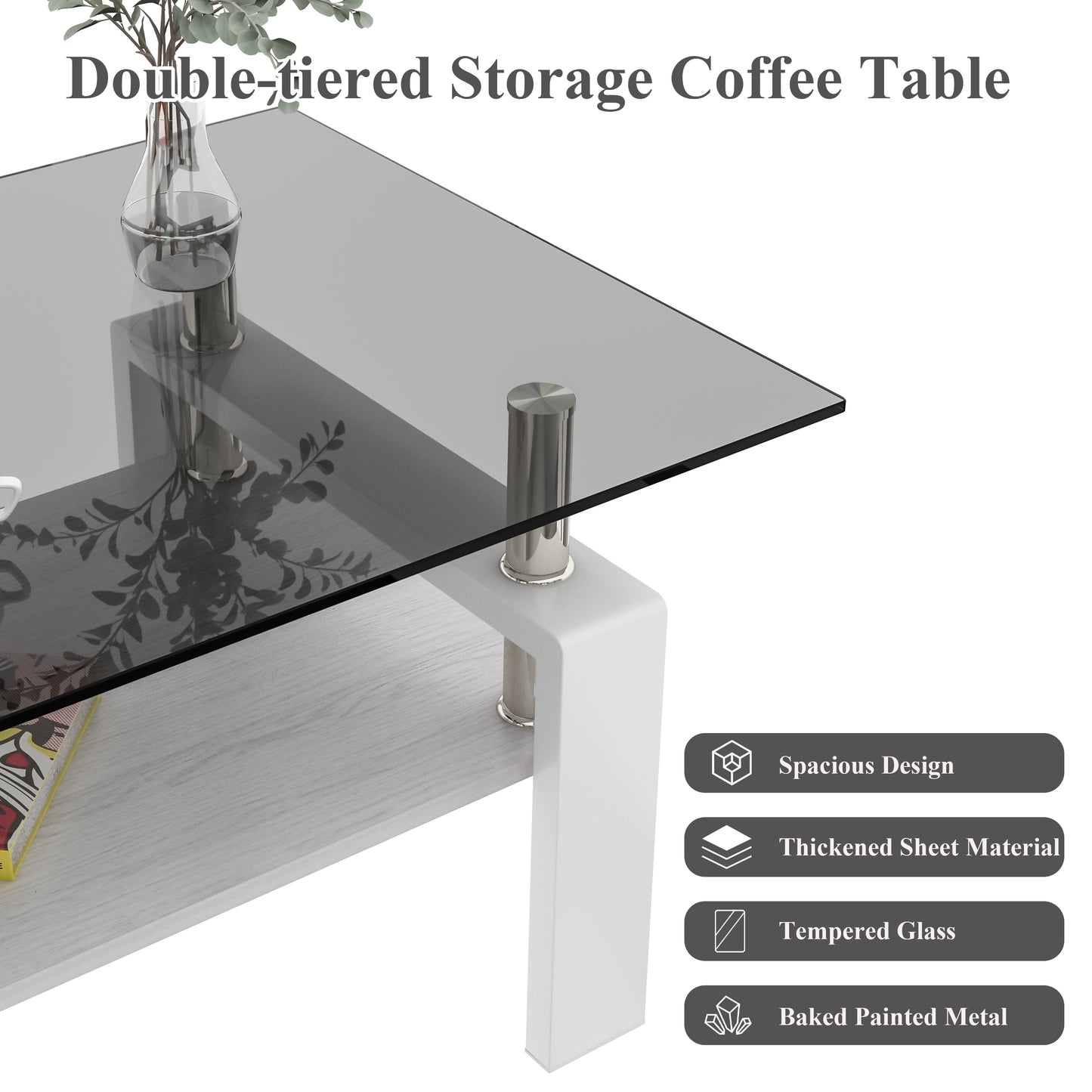 Rectangle Coffee Table, Tempered Glass Tabletop with MDF Layer, Modern Table for Living Room, Gray Glass image 5
