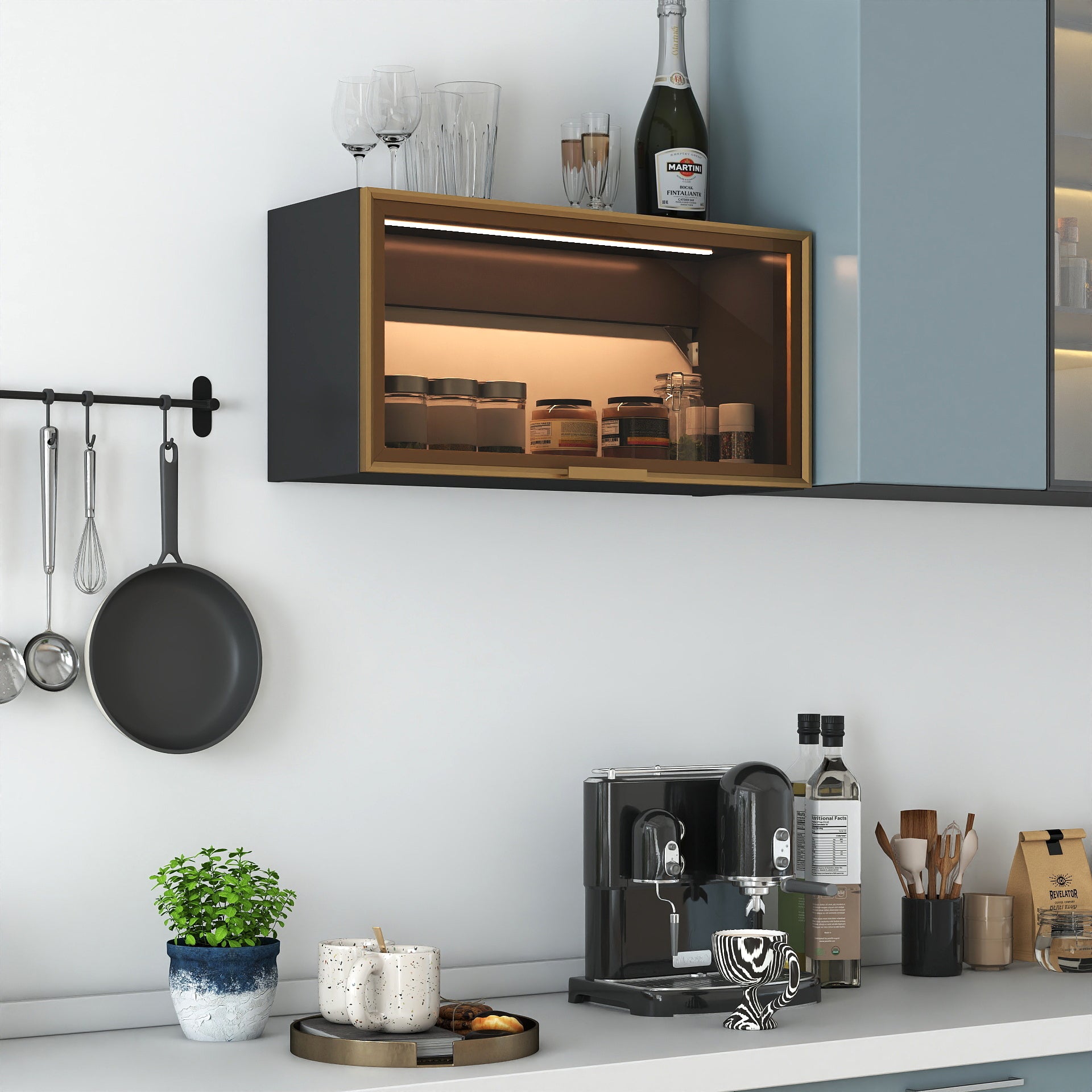 Large-Capacity Spice Rack Wall Mounted Storage Cabinet, Black Hanging Kitchen Pantry with Up-Flip Door, for Kitchen, Dining Room All Occasion image 3