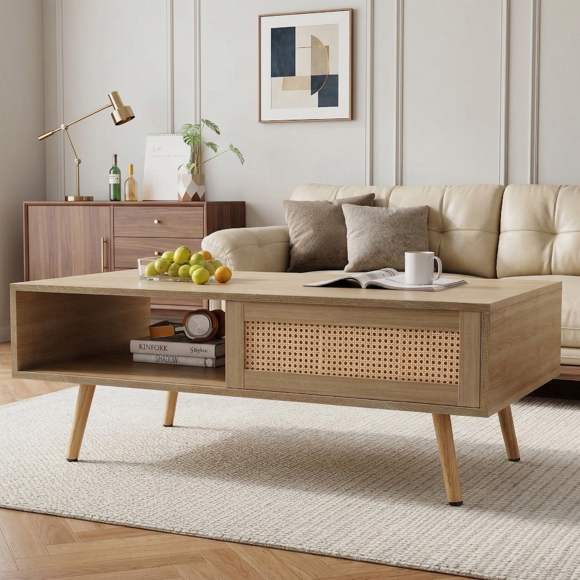 41.34" Rattan Coffee table, sliding door for storage, solid wood legs, Modern table for living room, natural image 1