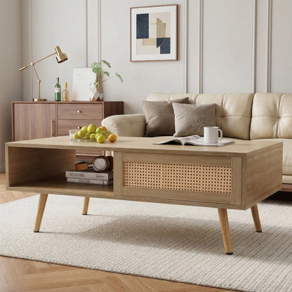 41.34" Rattan Coffee table, sliding door for storage, solid wood legs, Modern table for living room, natural image 1