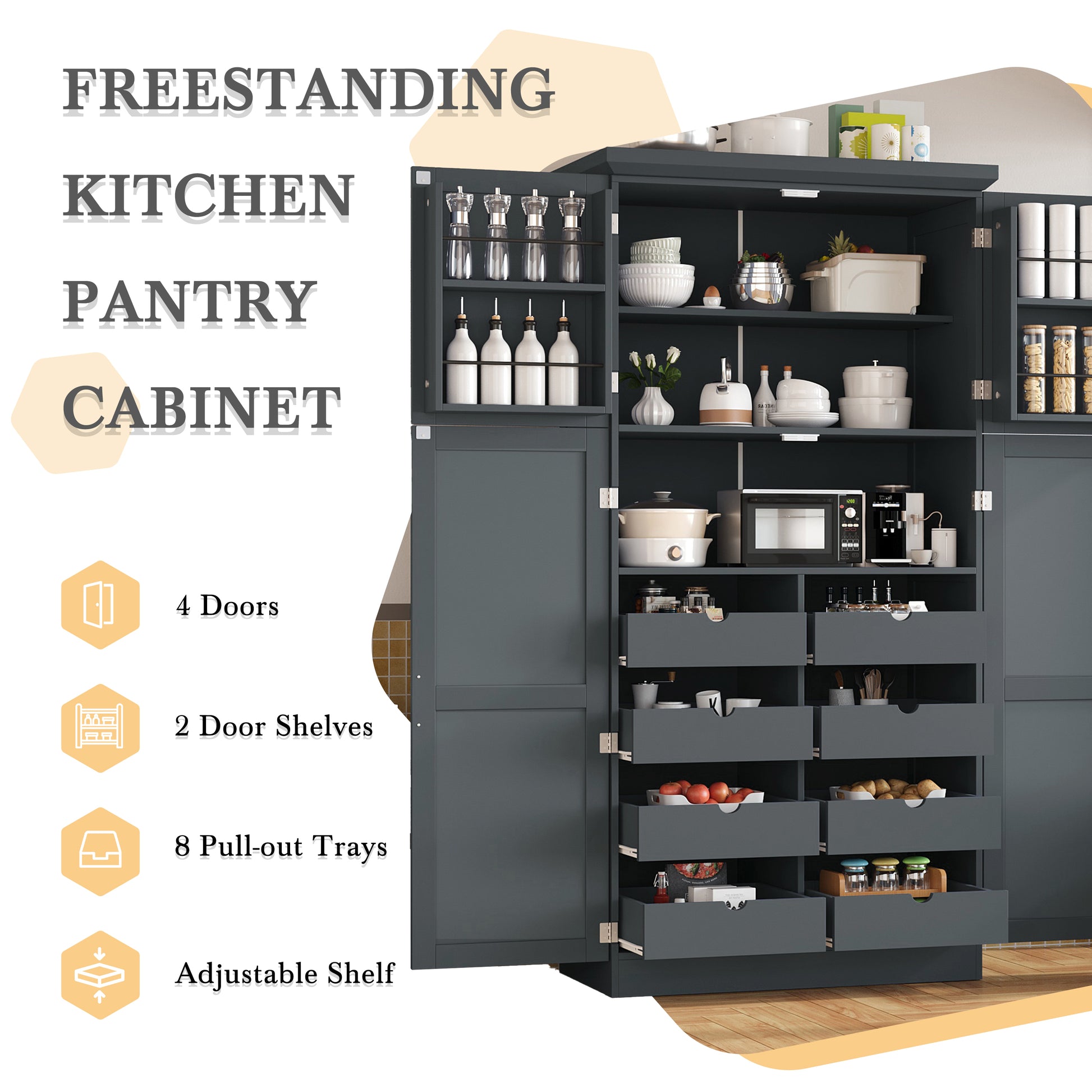 [Assembly Video Provided] TOPMAX 35.5x17.6x70.9inch Freestanding Kitchen Pantry Cabinet, Tall Storage Cabinet with 4 Doors, 2 Door Shelves, 8 Pull-out Trays and Adjustable Shelf for Dining Room, Gray image 7