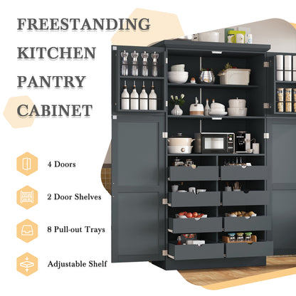 [Assembly Video Provided] TOPMAX 35.5x17.6x70.9inch Freestanding Kitchen Pantry Cabinet, Tall Storage Cabinet with 4 Doors, 2 Door Shelves, 8 Pull-out Trays and Adjustable Shelf for Dining Room, Gray image 7