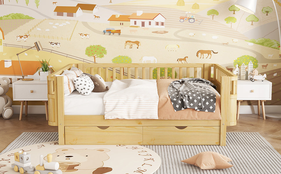 Full Size Wood Platform Bed for Kids, Wood Low Profile Full Bed with Rails for Girls and Boys, Natural (Old SKU W2593P331687) image 5