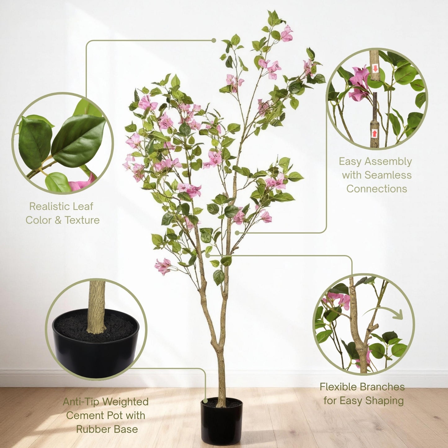 5FT Artificial Bougainvillea Tree with Black Plastic Pot, Realistic Fake Flowering Tree for Indoor Home Office Decor, Potted Faux Plant, 1pc/set image 8