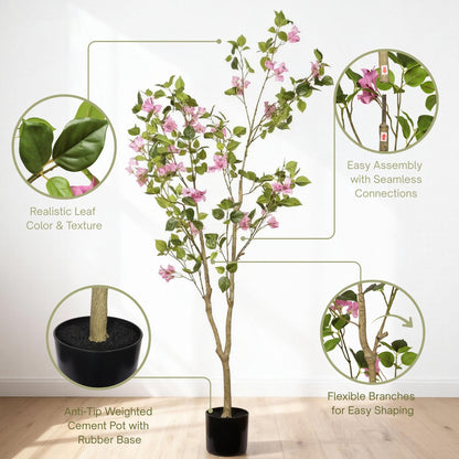 5FT Artificial Bougainvillea Tree with Black Plastic Pot, Realistic Fake Flowering Tree for Indoor Home Office Decor, Potted Faux Plant, 1pc/set image 8