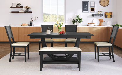 TOPMAX 6-Piece Wood Half Round Dining Table Set Kitchen Table Set with Long Bench and 4 Dining Chairs, Modern Style, Gray image 7