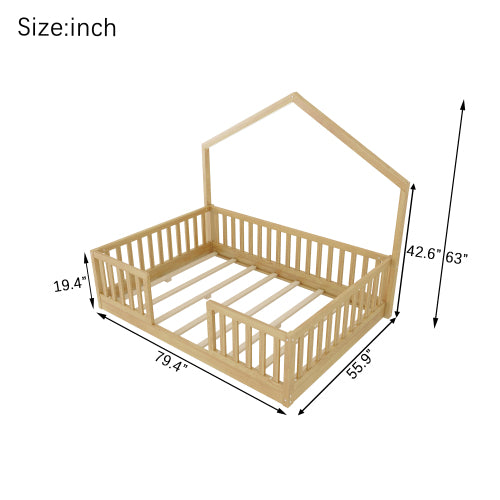 Full Floor Bed with High Rails, Wooden Montessori Bed with Light for Kids, Boys and Girls,Natural(Old SKUW2593P440609 Expect Arrival Date 2026/6/30) image 12