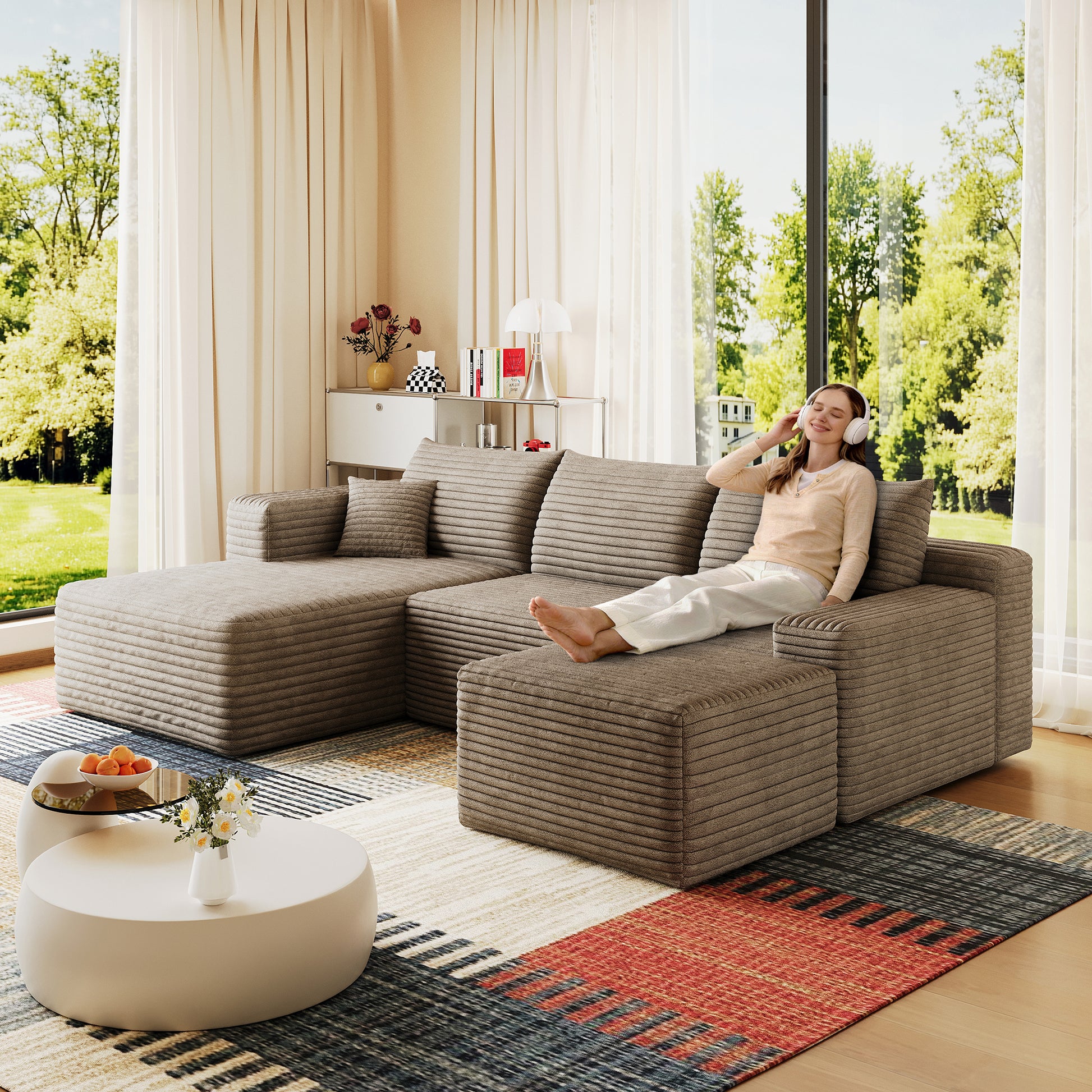 95" Cloud Sectional Sofa with 1 Ottoman,Modern Minimalist Upholstered Couches, Comfort U Shaped Sofa for Living Room,Deep Seat Corner Couch,No Assembly Required,Camel((Plush Corduroy Fabric) image 1