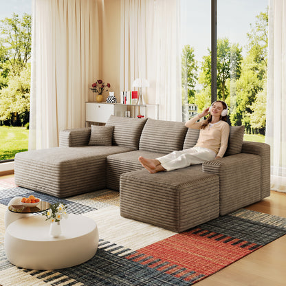 95" Cloud Sectional Sofa with 1 Ottoman,Modern Minimalist Upholstered Couches, Comfort U Shaped Sofa for Living Room,Deep Seat Corner Couch,No Assembly Required,Camel((Plush Corduroy Fabric) image 1