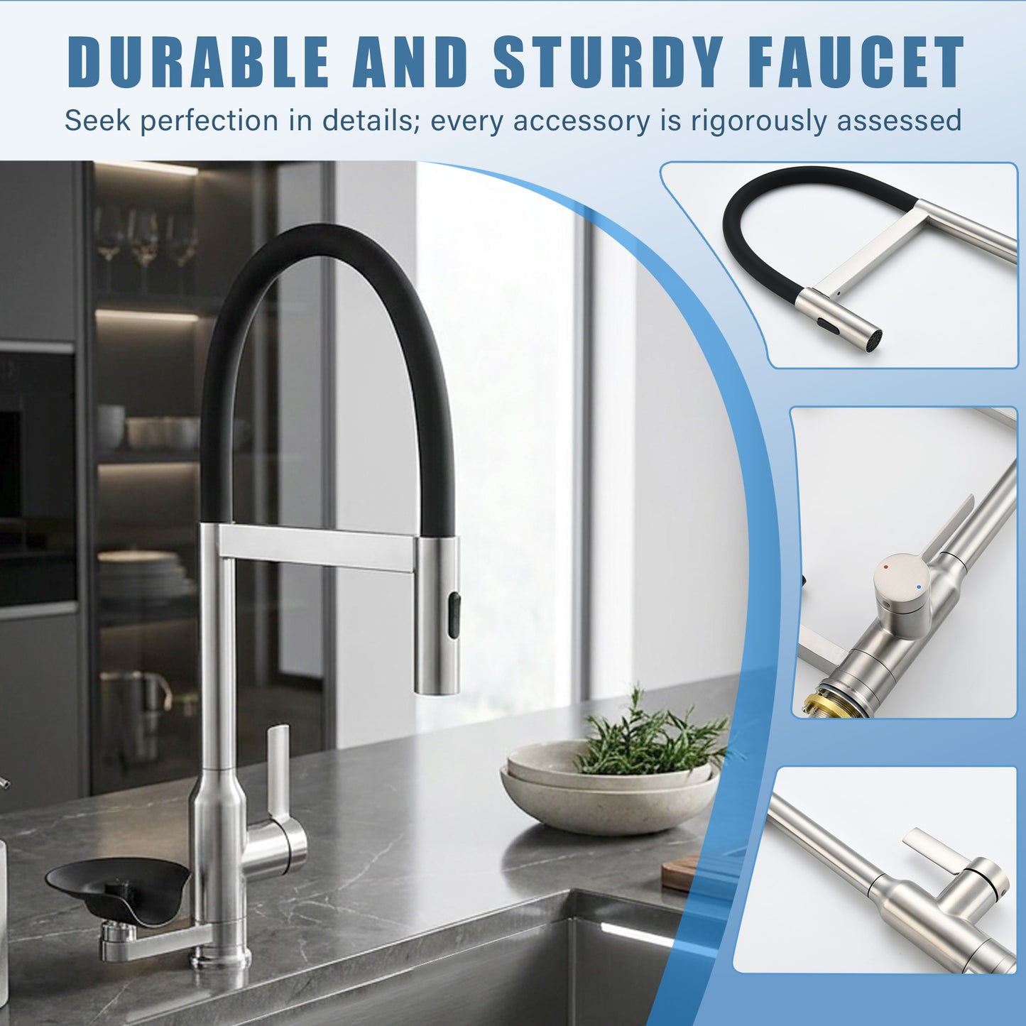 Brushed Nickel Kitchen Faucet with Magnetic Pull Out Sprayer, 360 Degree Swivel Single Handle High Arc Kitchen Sink Faucet with Glass Rinser image 6