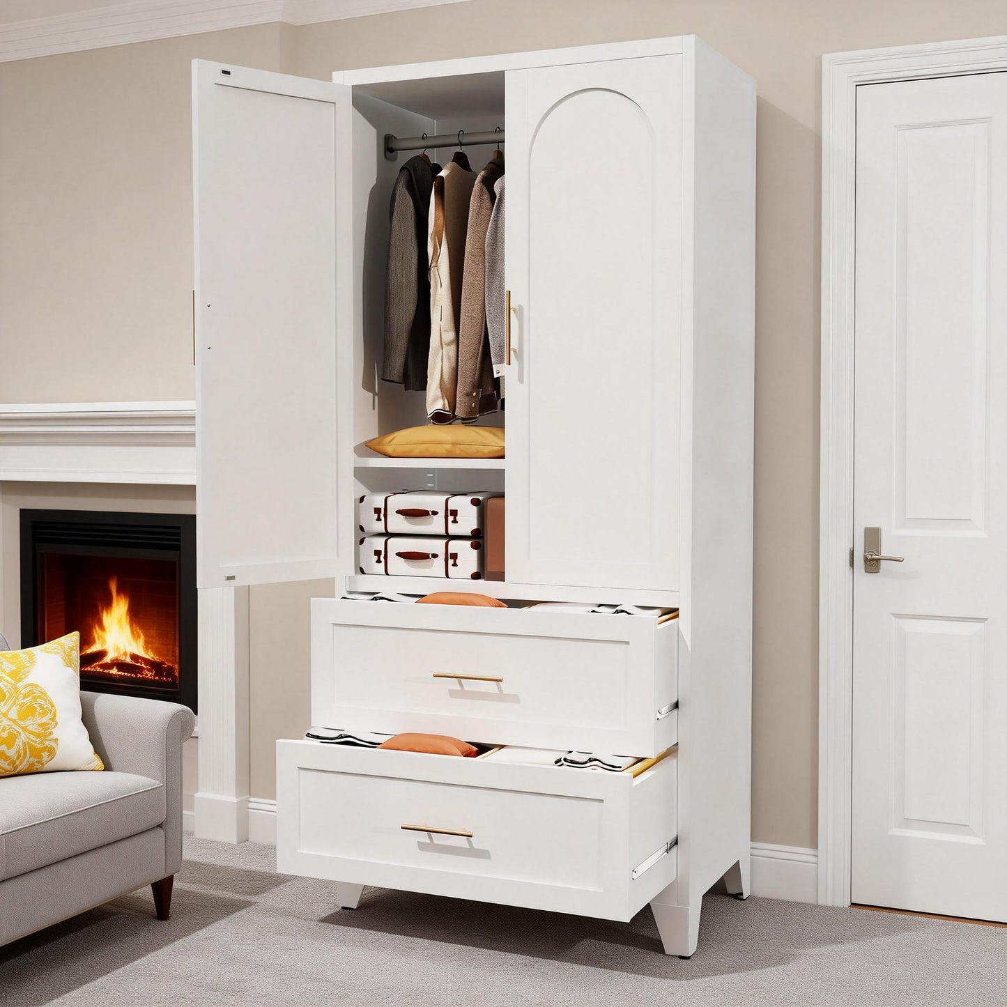 71" Tall Metal Wardrobe Cabinet with 2 Drawers and Hanging Rod, 2 Doors Wardrobe Closet with Shelf for Bedroom, Office, Laundry Room,Entryway,Foyer,Guesthouse (White) image 10