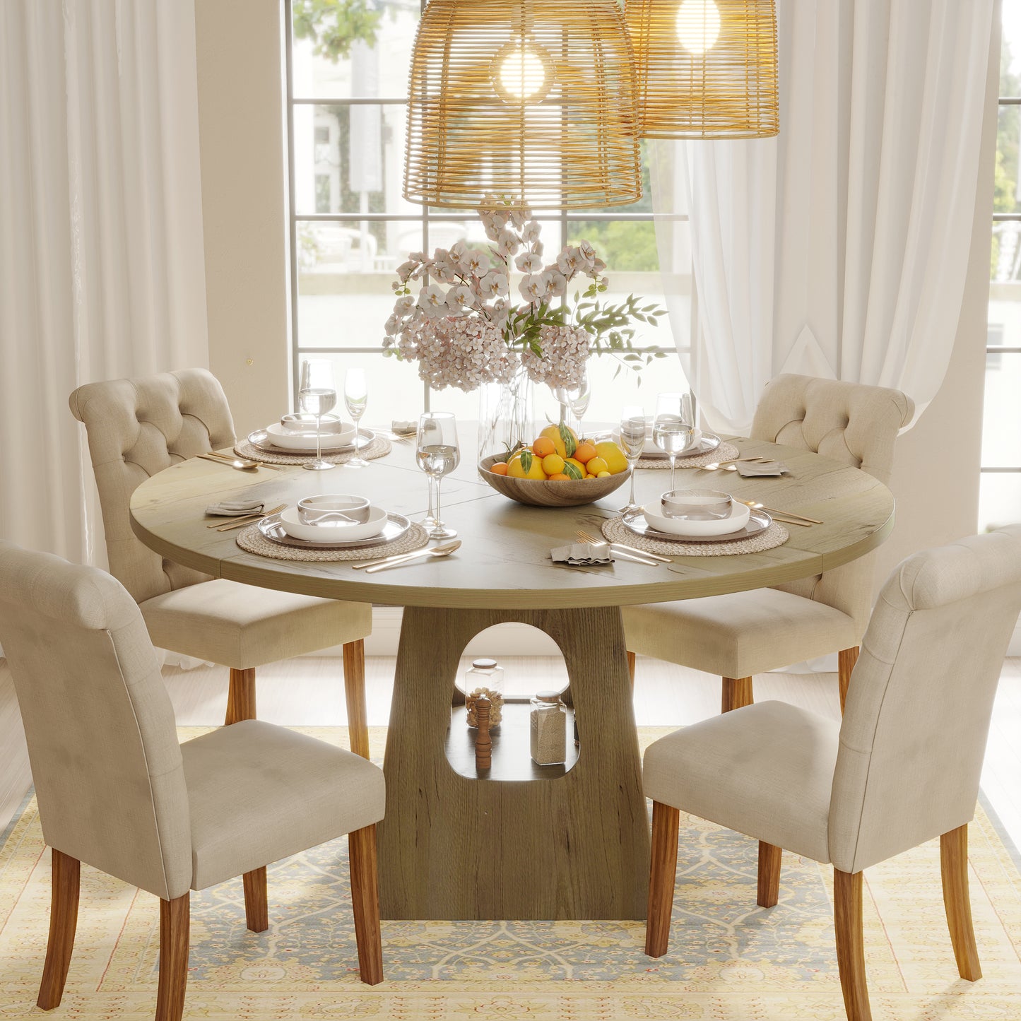 Round Dining Table for 4-6,47 Inch Round Dinner Table with Wooden Tabletop and Storage Base,Farmhouse Dining Table,Wood Kitchen Table for Dining Room,Kitchen, Living Room,Natural(Table Only) image 4