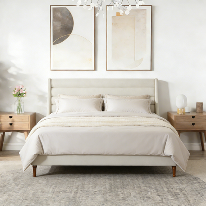 King Size Bed Frame High Headboard Upholstered Platform Bed with Wave - Shaped Headboard, Premium Chenille Fabric, Modern Minimalist Platform Bed No Box Spring Needed, Easy Assembly, Ivory image 8