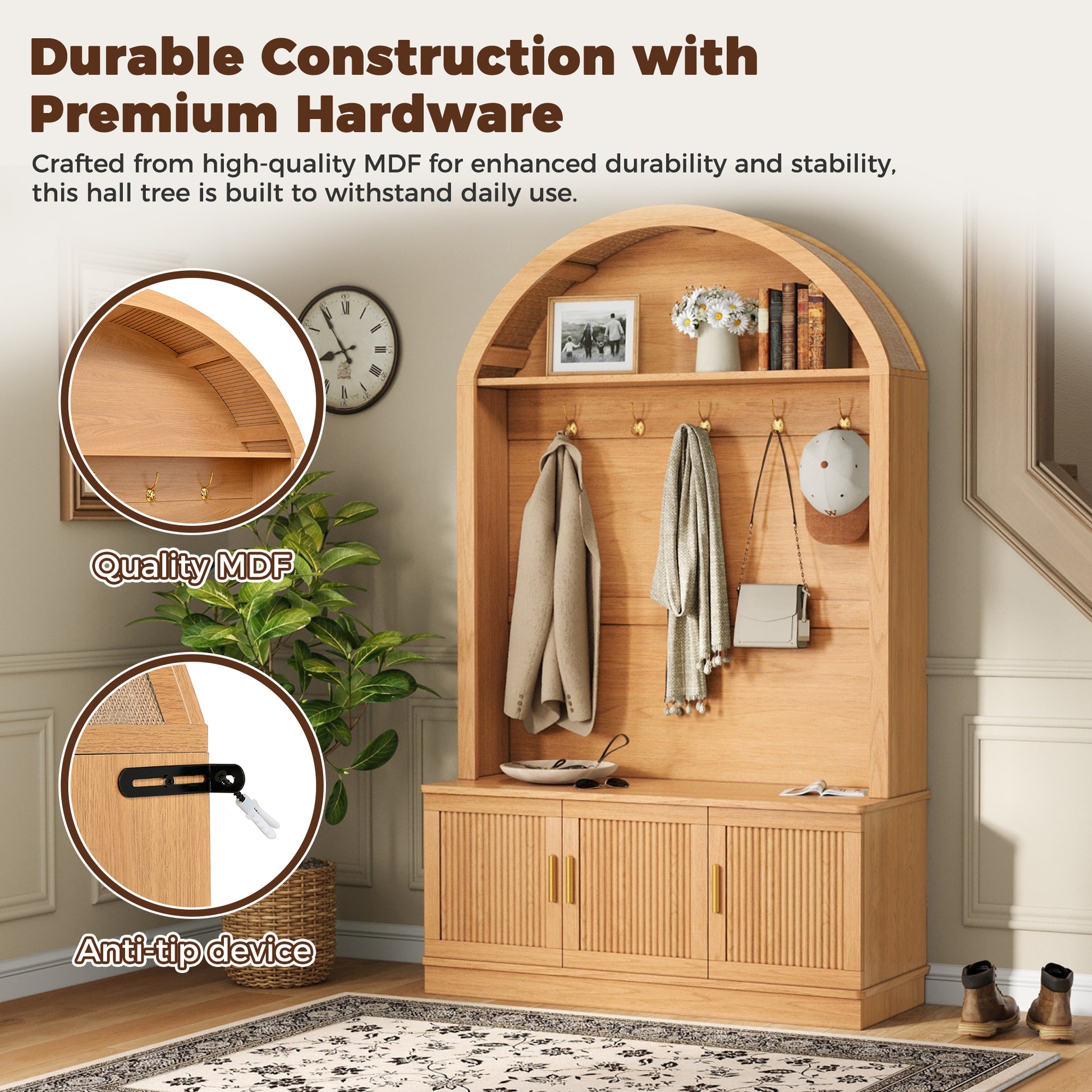 Farmhouse Fabric Arched Top Hall Tree with 5 Metal Hooks, All-in-One Mudroom Furniture with Adjustable Shelves, Mid-Century Fluted Door Entryway Bench with Wood Grain Finish for Hallway, Natural image 6