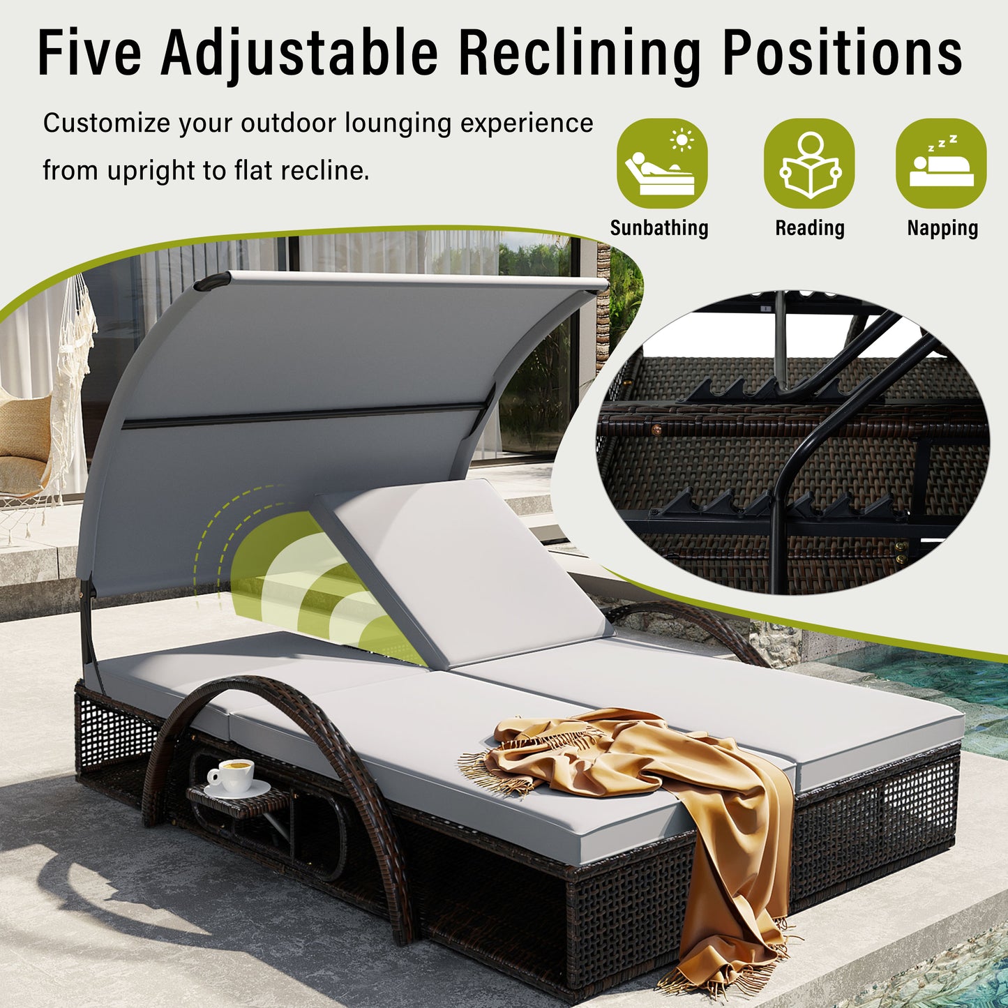 U_STYLE Outdoor Steel Frame Sun Lounger with Adjustable Backrest,Patio Double Sunbed with Hidden Side Table and Arched Armrests,Suitable for Patio Pool Deck,Garden,Backyard image 6