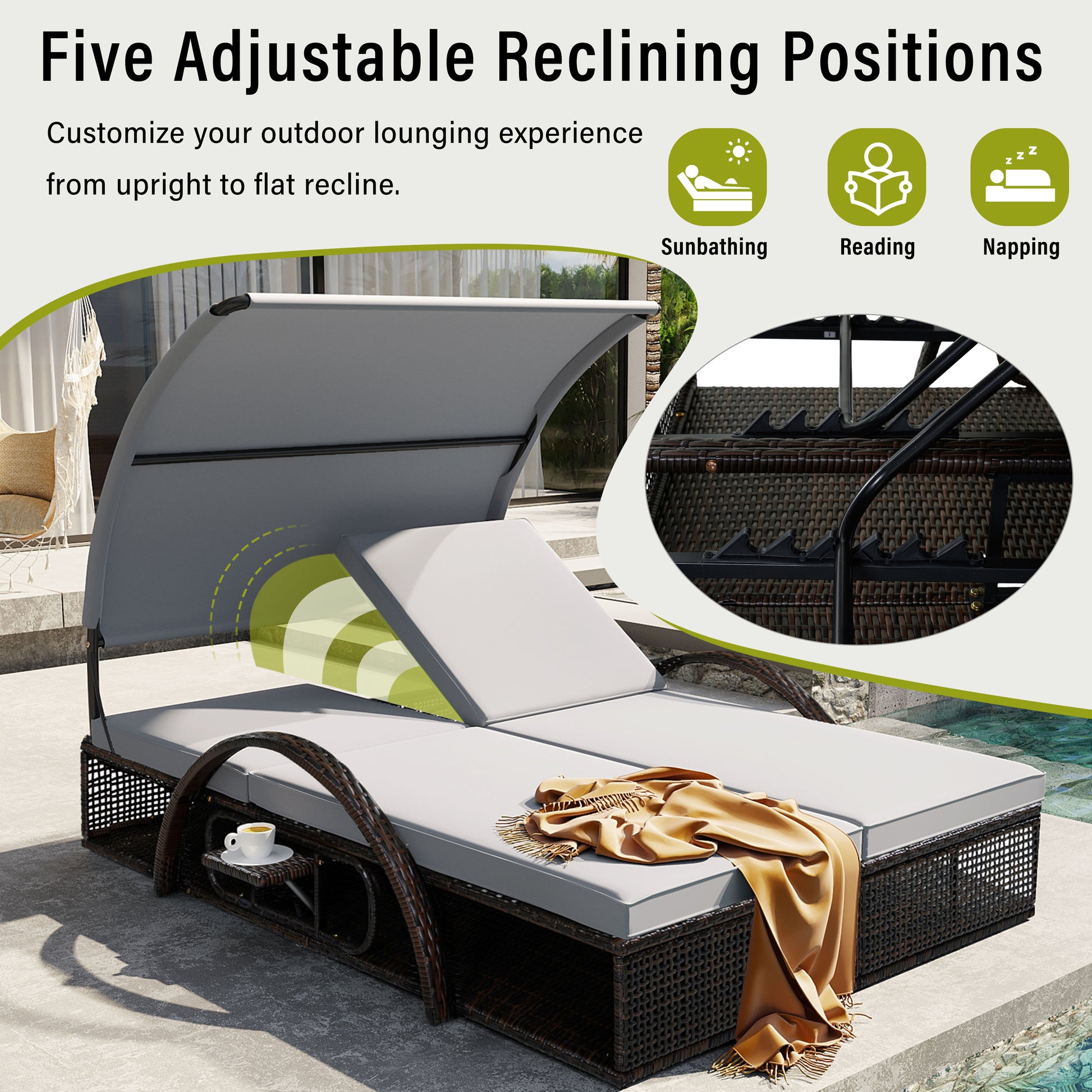 U_STYLE Outdoor Steel Frame Sun Lounger with Adjustable Backrest,Patio Double Sunbed with Hidden Side Table and Arched Armrests,Suitable for Patio Pool Deck,Garden,Backyard image 6
