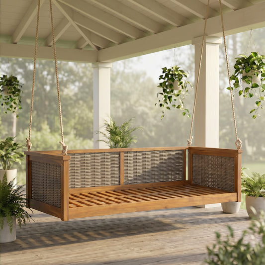 TOPMAX Outdoor Classic Solid Wood Twin Size Swing Bed,Garden Porch Rattan Swing Frame with Long Ropes for Poolside, Backyard,TEAK image 1