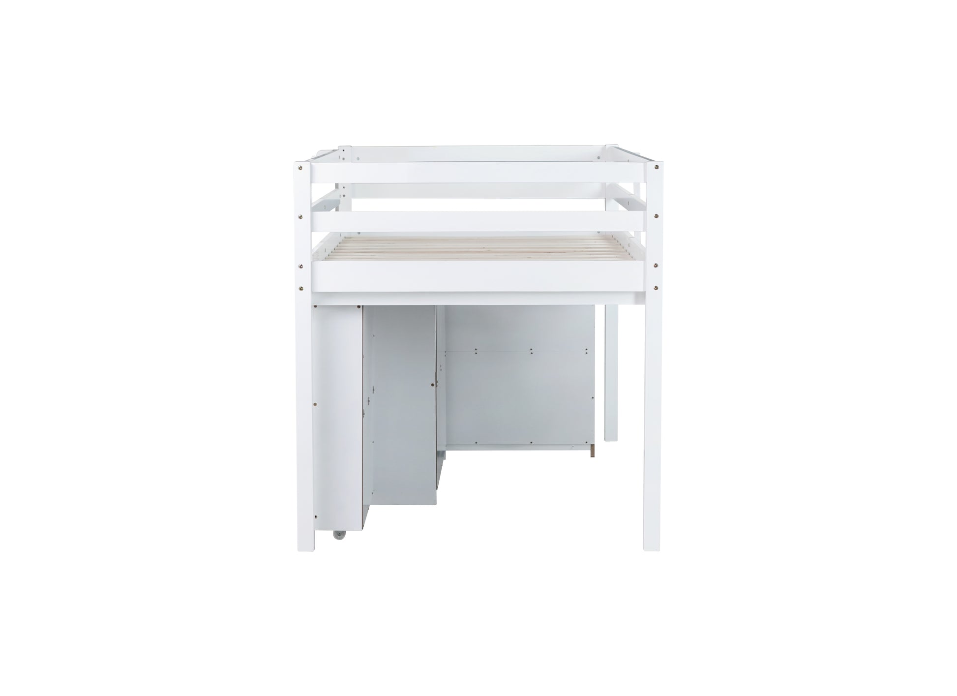 Twin Loft Bed w. stroage case,drawers,Twin Loft Bed with,Drawer Cabinet, Shelf Cabinet and Pulling -Out Desk,Rubber Wood Loft Bed with Safety Guardrail,Ladder,White image 10