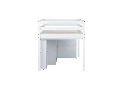 Twin Loft Bed w. stroage case,drawers,Twin Loft Bed with,Drawer Cabinet, Shelf Cabinet and Pulling -Out Desk,Rubber Wood Loft Bed with Safety Guardrail,Ladder,White image 10