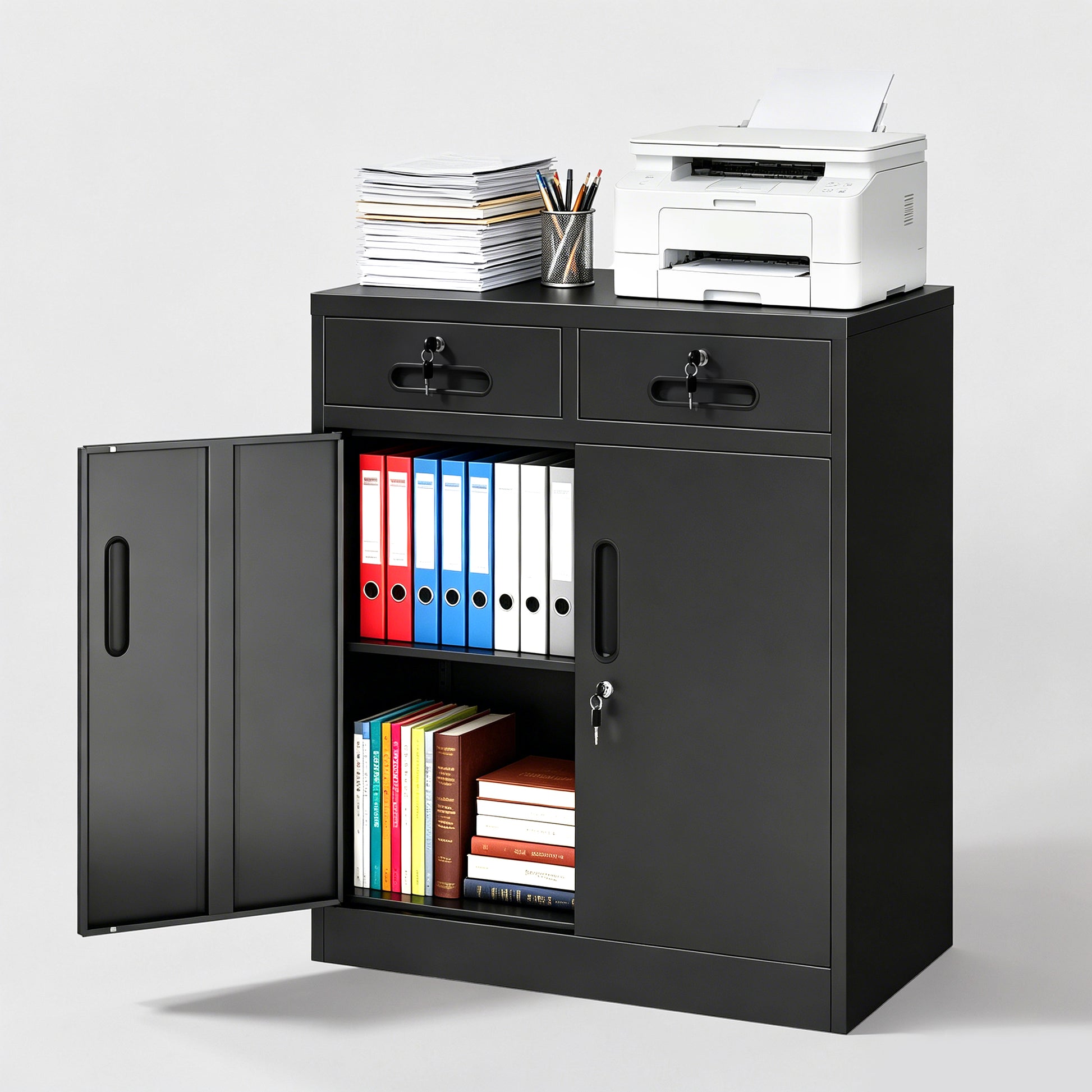 Metal Storage Cabinet with Lock and Two Drawers, 2-Door Office Storage Cabinet with 1 Adjustable Shelves, Heavy Duty Steel File Cabinet for Home, Office, Garage, School (Black, 35.5"H) image 12