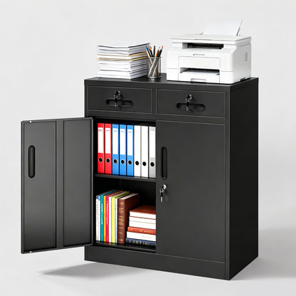 Metal Storage Cabinet with Lock and Two Drawers, 2-Door Office Storage Cabinet with 1 Adjustable Shelves, Heavy Duty Steel File Cabinet for Home, Office, Garage, School (Black, 35.5"H) image 12