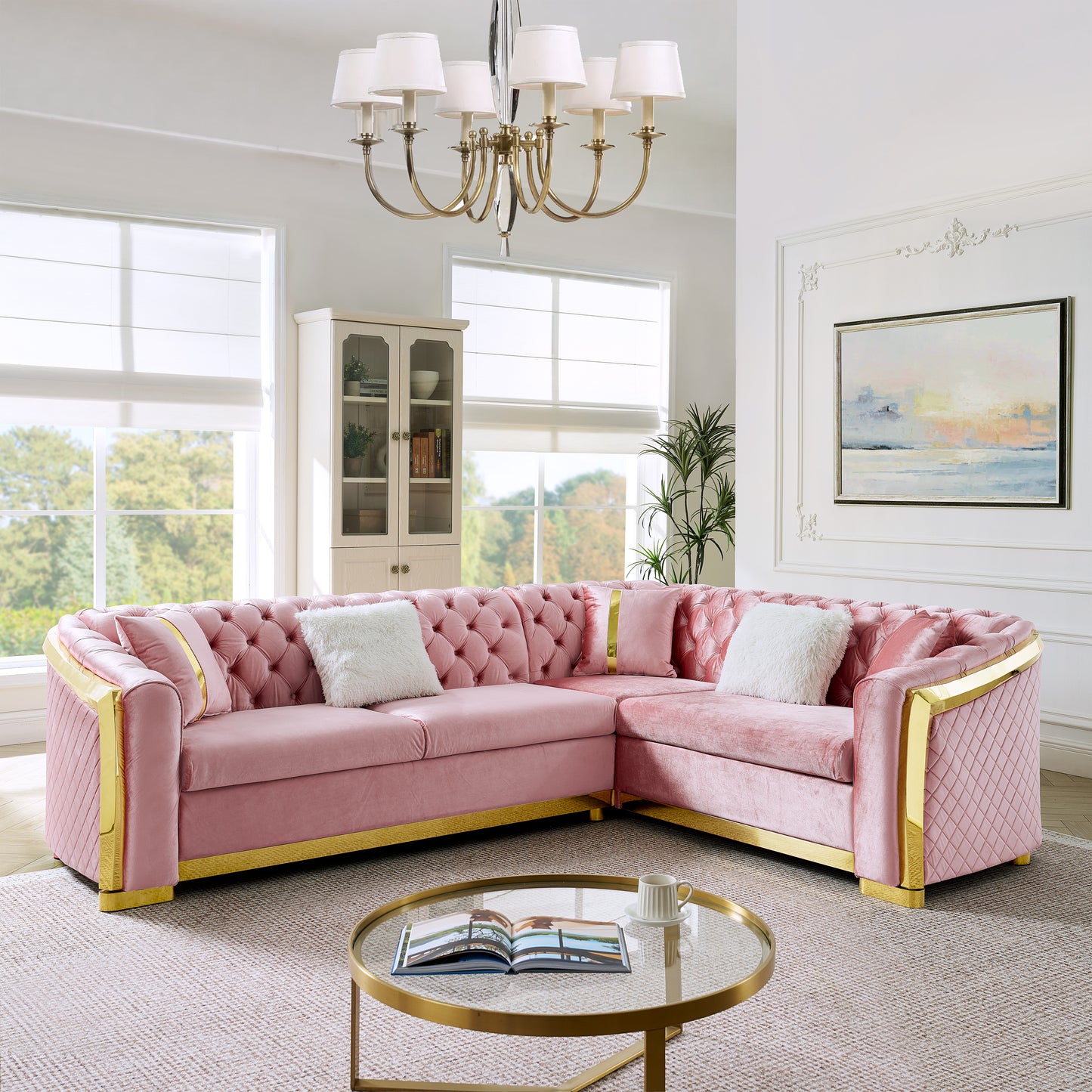 106 Inches L-Shaped Chesterfield Sectional Sofa Set with Gold Stainless Steel Accents, Velvet Button Tufted Sofa with 5 Pillows Luxury Couch for Living Room, Pink image 1