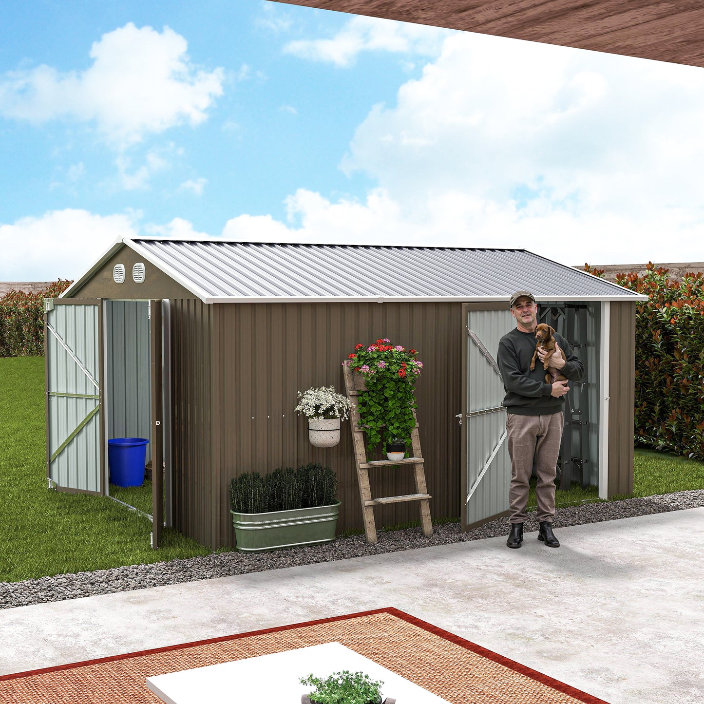 10x12 FT Outdoor Metal Storage Shed, Large Storage Sheds with Sturdy Frame Structure, Metal Garden Tool Shed with Lockable Door for Garden,Gift a foldable flower pot stand, Backyard,BROWN image 1