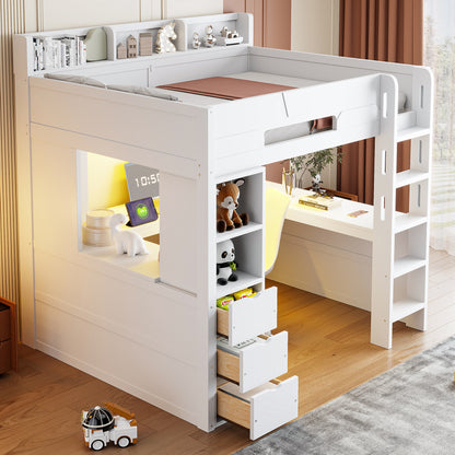 Full Size Wooden Gaming Loft Bed with U-Shaped Desk, Smart RGB LED Lights and USB Ports, Multi-Functional High Sleeper with 3 Drawers and Storage Shelves for Teens Adults, White image 3