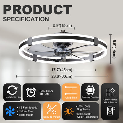 23.6'' LED Ceiling Fan Light Remote DC Motor Aluminum Body 6-Speed Infinite Dimming LED fan light for bedroom living room image 8