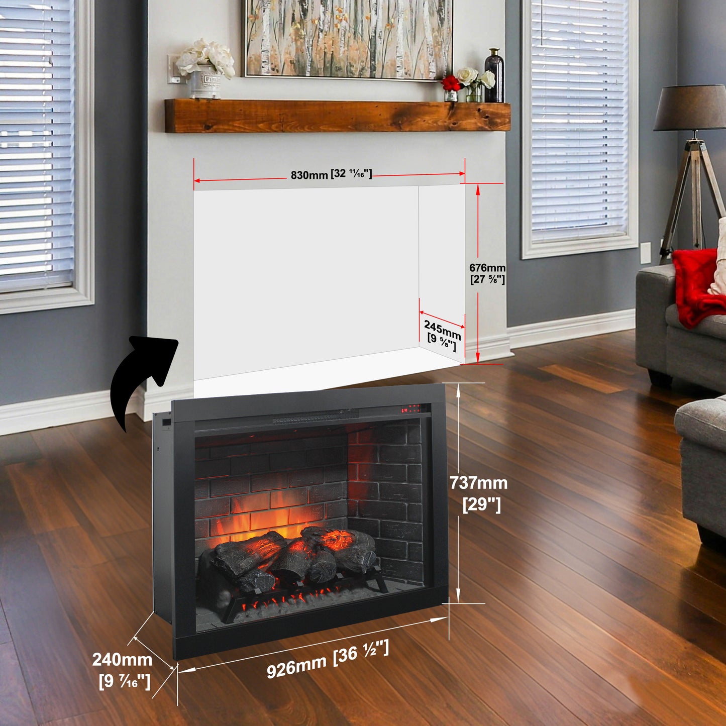 33 inch Infrared Electric Fireplace with Removable Trim kit Insert, Touch Panel Home Decor Heater image 11