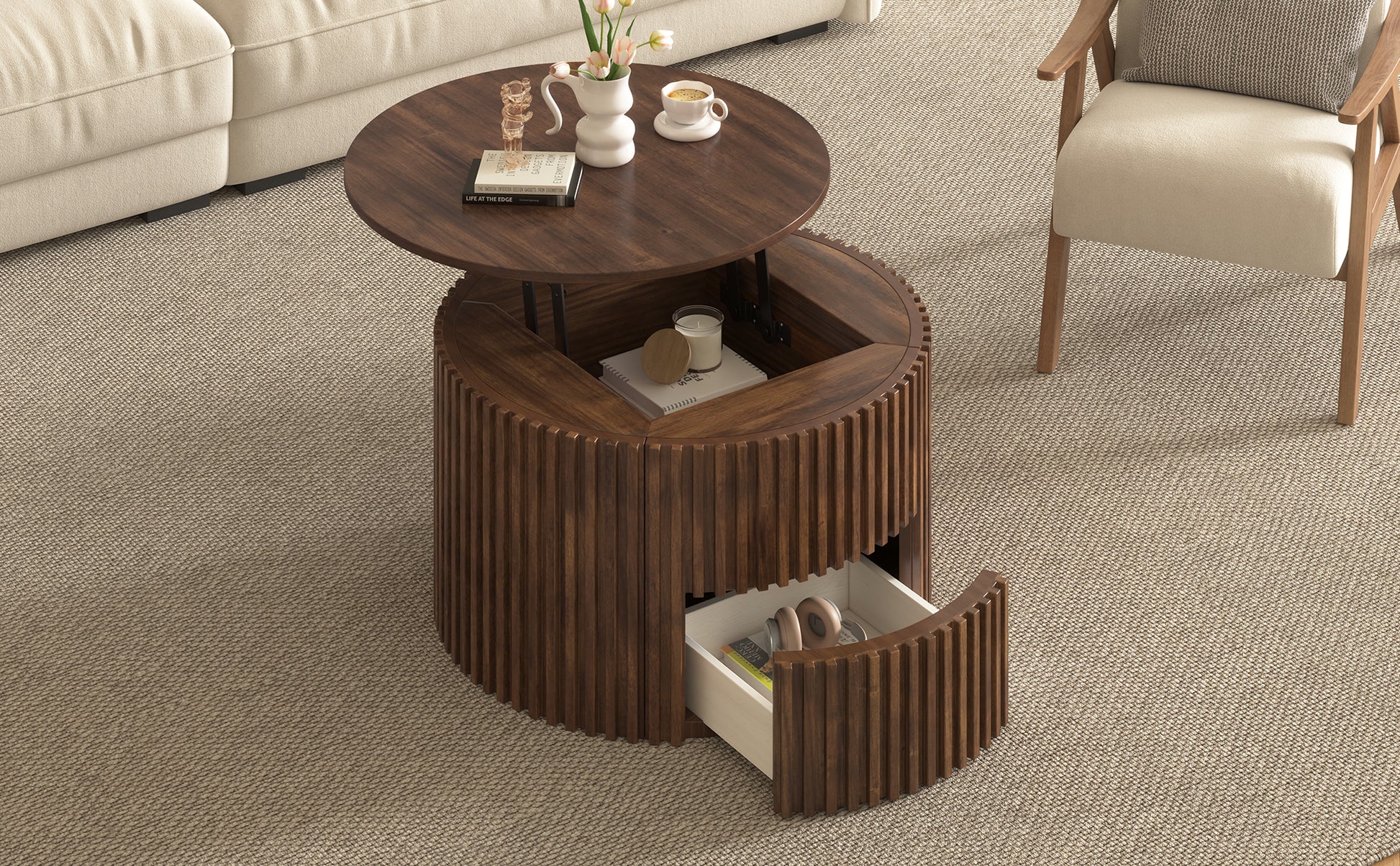 VIBE HAUS Round Lift Top Coffee Table, Modern Fluted Wood Accent Coffee Table with Hidden Storage for Living Room image 11