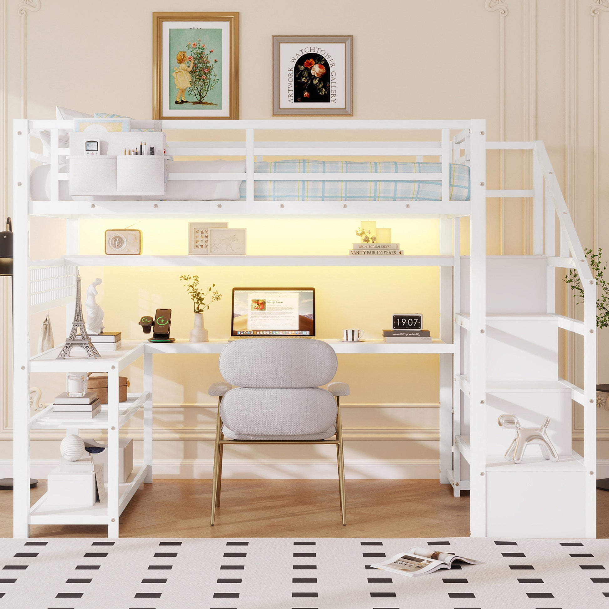 Full Size Loft Bed with Staircase and Wardrobe, Metal Loft Bed with Desk, Storage Shelves, LED Lights and Charge Station,White(Expect Arrival Date 2026/5/9 Old SKUW2593S00059) image 4