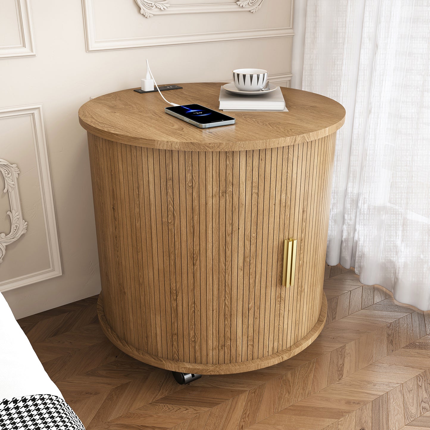 Mid Century Modern Cylinder End Table with Built-in Charging Station & Sliding Door, 2-Tier Storage Round Nightstand with USB Ports, Osk Bedside Table for Living Room, Bedroom, Entryway image 2
